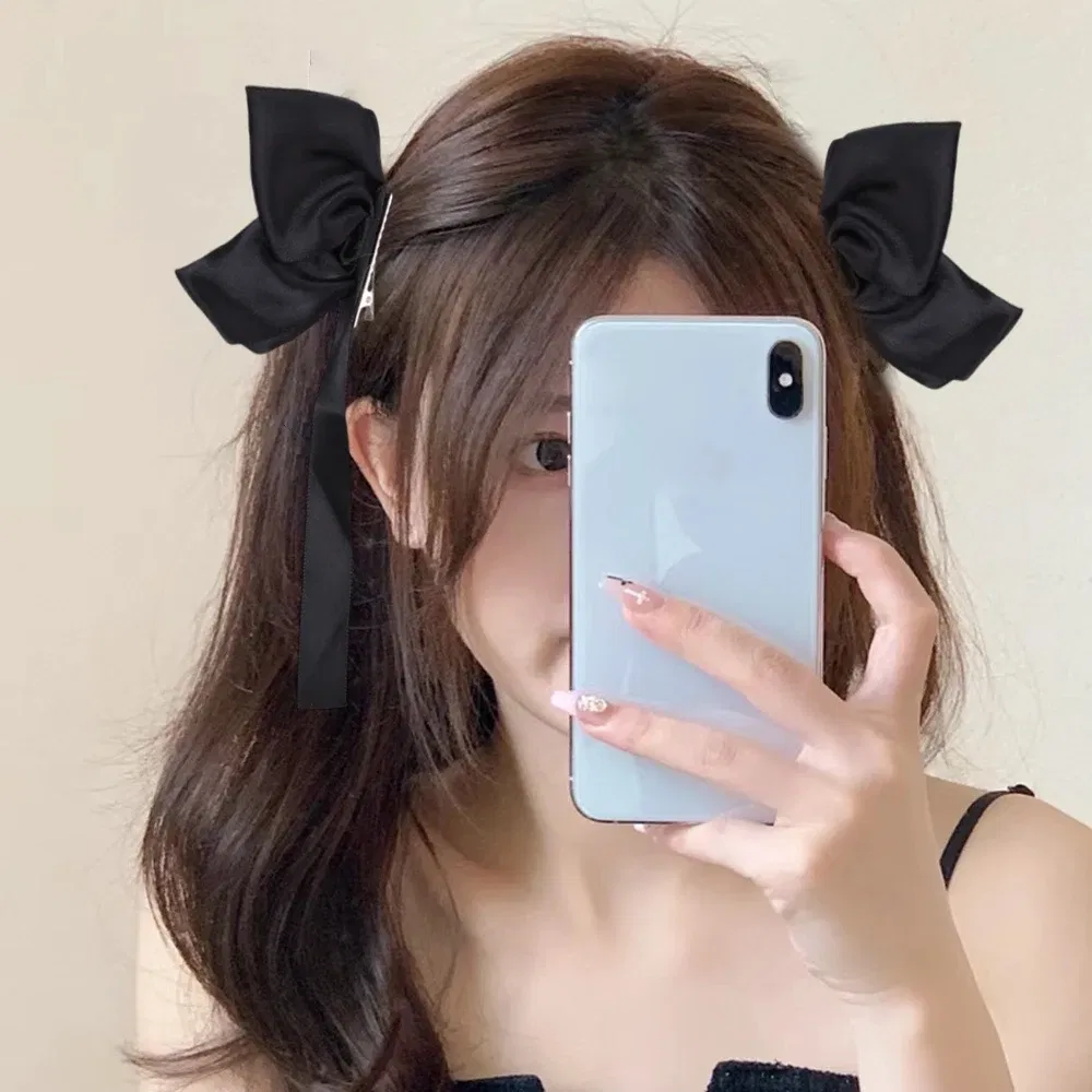 Color: GRAY - 2Pcs Bow Ribbon Hair Clip Fashion Bowknot Hairpins Small Cute Barrettes Women Girls Kids Bows Clips Ornament Headwear Headdress