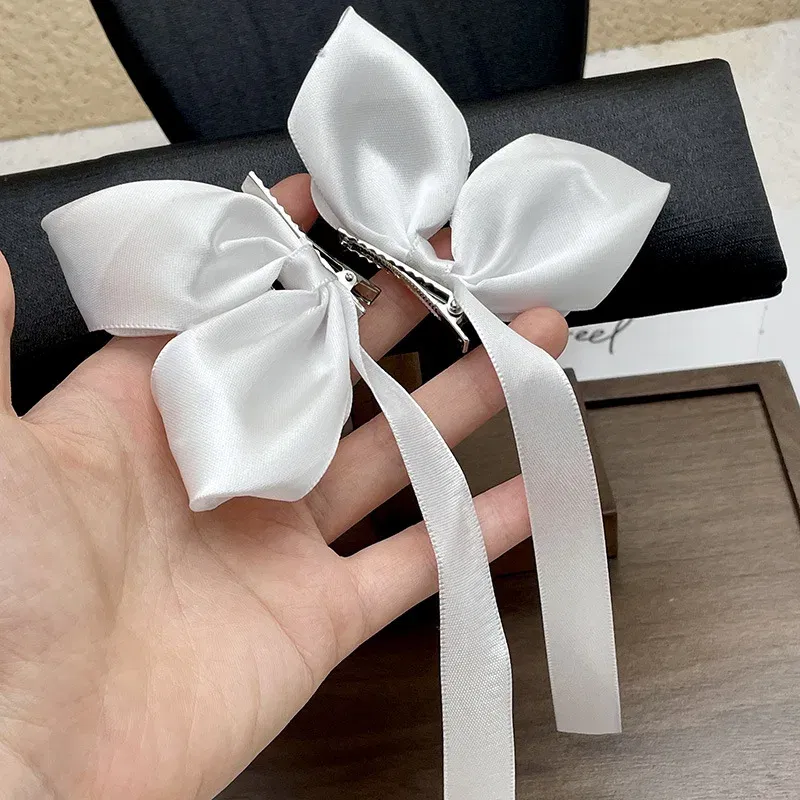 Color: GRAY - 2Pcs Bow Ribbon Hair Clip Fashion Bowknot Hairpins Small Cute Barrettes Women Girls Kids Bows Clips Ornament Headwear Headdress