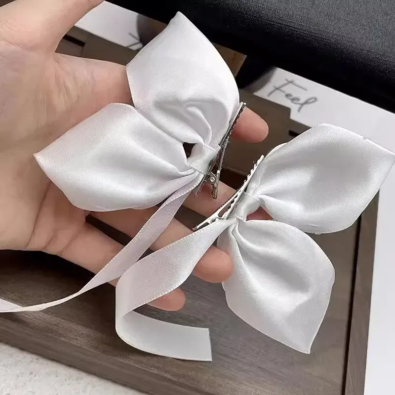 Color: GRAY - 2Pcs Bow Ribbon Hair Clip Fashion Bowknot Hairpins Small Cute Barrettes Women Girls Kids Bows Clips Ornament Headwear Headdress