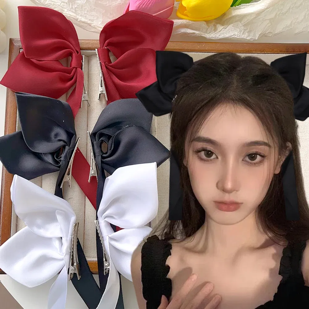 Color: GRAY - 2Pcs Bow Ribbon Hair Clip Fashion Bowknot Hairpins Small Cute Barrettes Women Girls Kids Bows Clips Ornament Headwear Headdress