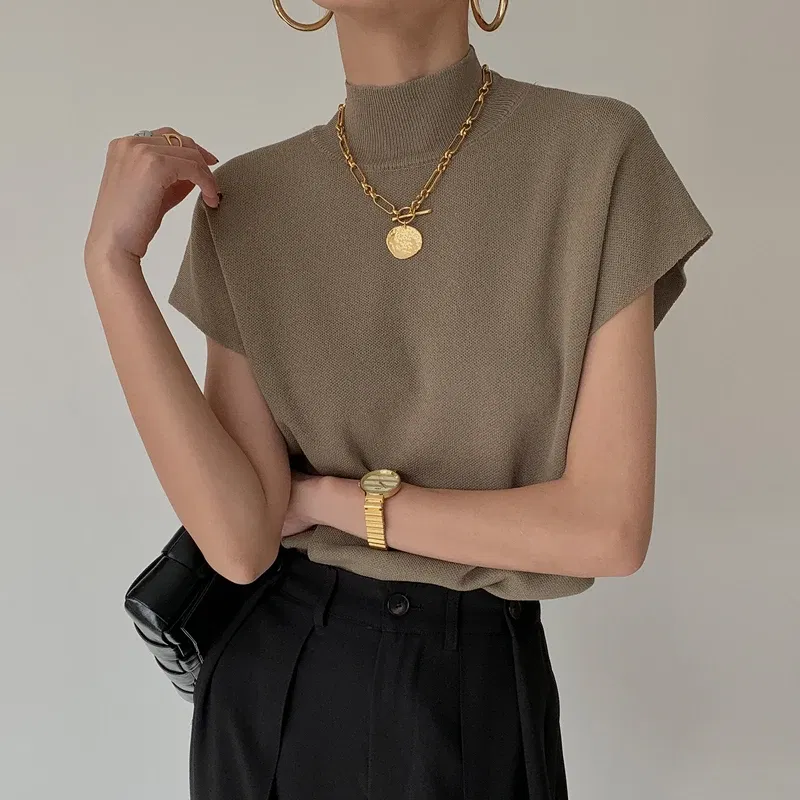 Color: Beige, Size: One Size - New Short Sleeve Turtleneck Knitted Women Sweater Pullover Casual Knit Sweater Women Tops Blusas Mujer De Moda 2024 Verano J74