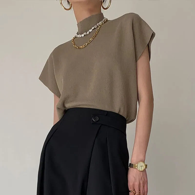 Color: Beige, Size: One Size - New Short Sleeve Turtleneck Knitted Women Sweater Pullover Casual Knit Sweater Women Tops Blusas Mujer De Moda 2024 Verano J74