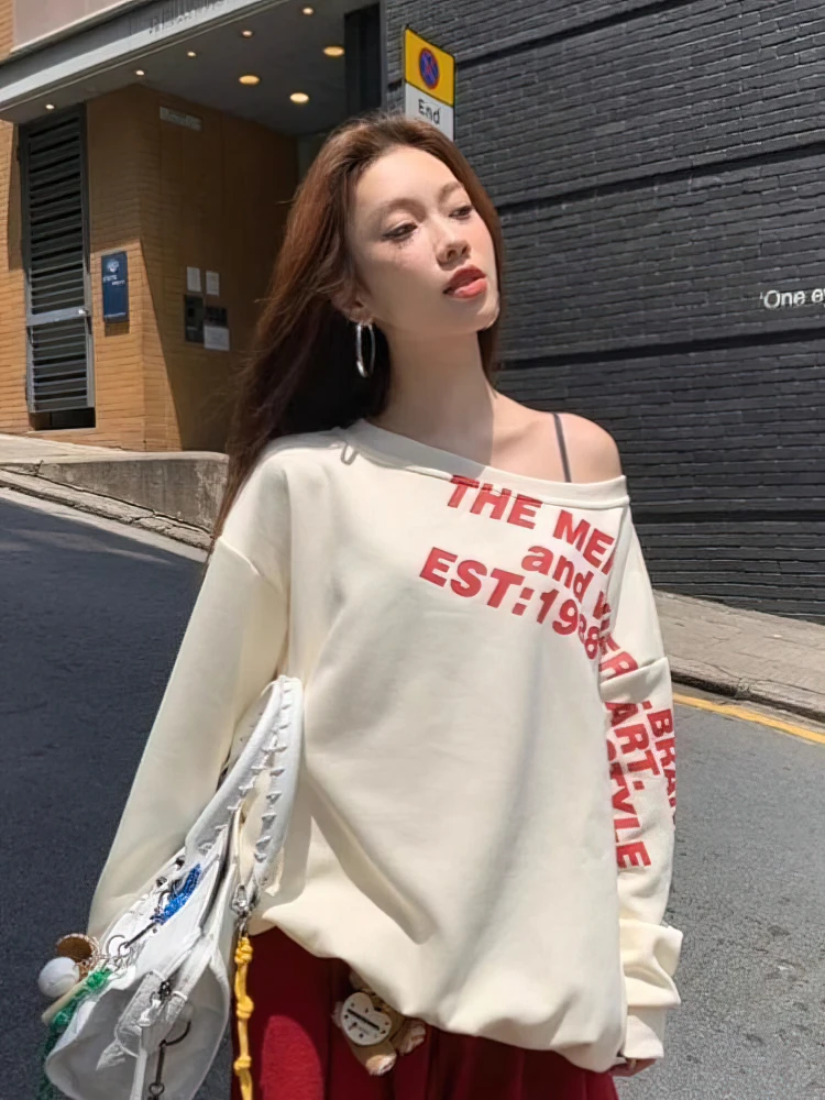 Color: GRAY, Size: L - Y2k Sexy Oversize T shirt Women Streetwear Print Long sleeve Basic Top Lady Fall Winter Korean Fashion Oversized Tees Shirt