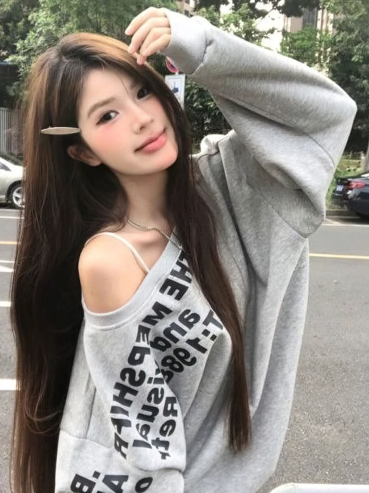 Color: GRAY, Size: L - Y2k Sexy Oversize T shirt Women Streetwear Print Long sleeve Basic Top Lady Fall Winter Korean Fashion Oversized Tees Shirt