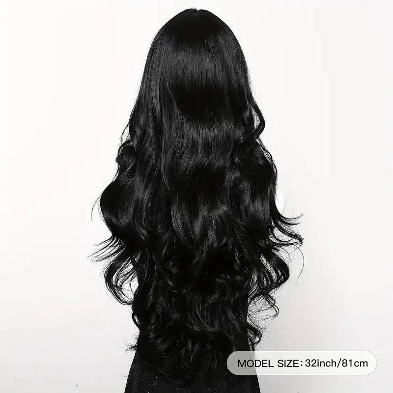 Color: #2 - Black synthetic wig with middle-parted long hair and big waves for party or daily use. High-temperature synthetic hair cap.