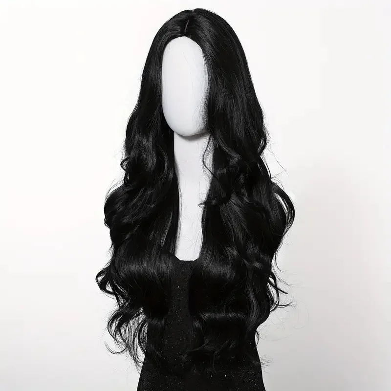 Color: #2 - Black synthetic wig with middle-parted long hair and big waves for party or daily use. High-temperature synthetic hair cap.