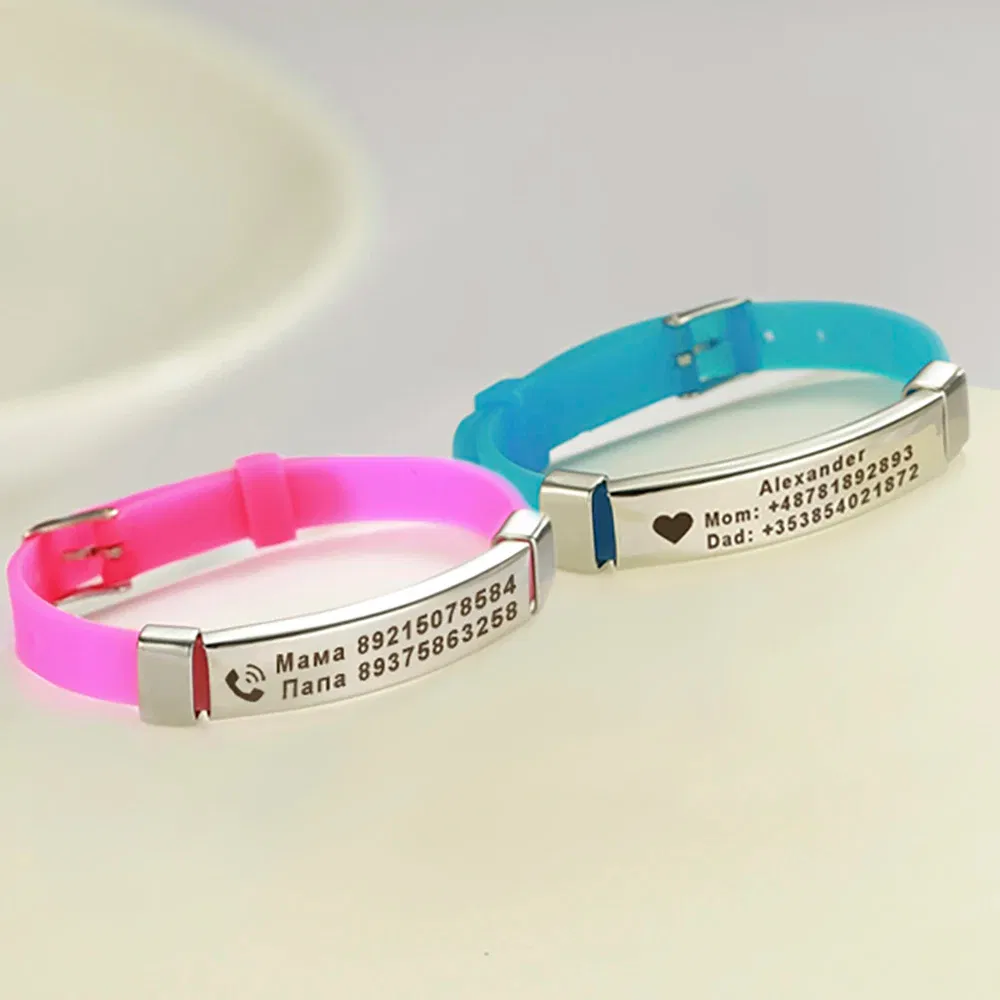 Metal Color: Dark green, Length: 17cm - Personalized ID Bracelet Kids Children Adjustable Soft Silicone Stainless Steel Pendant Emergency Name Phone Custom Bracelets