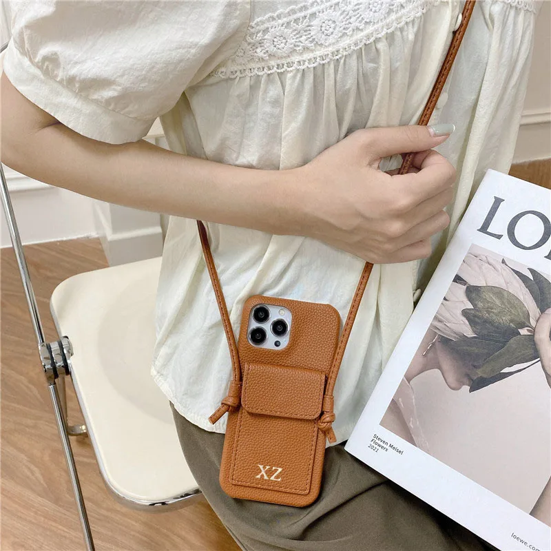 Color: Orange, Material: PE - Personalized Gold Silver Letters Leather PU Card Holder Lanyard Hard Case For iPhone 14 13 12 11 15 Pro Max XS XR 16  Plus Cover