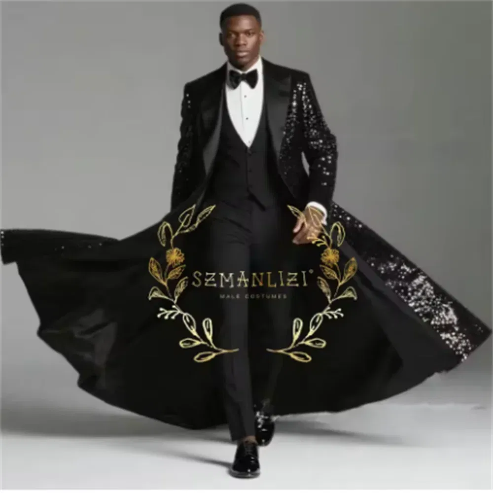 Color: GRAY, Size: XXXL - Burgundy Shiny Sequin Suits Men 3 Pieces Sets Single Breasted Groom Long Blazer Costume Homme Wedding Tuxedo Male Clothing