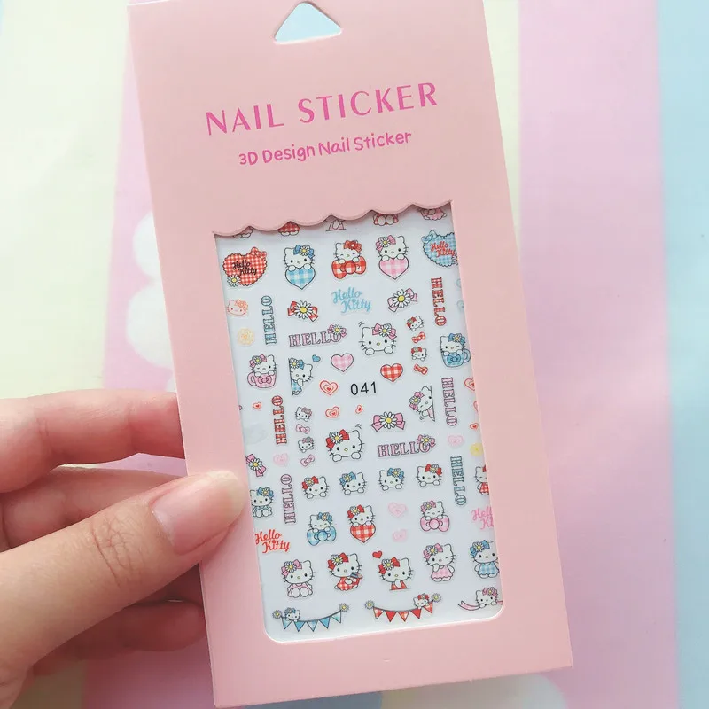 Color: Black Gray - 1PCS Hello Kitty 3D Nail Stickers Press on Nails Mickey Mouse Donald Duck Stitch Cartoon Stickers Nail Art Decoration
