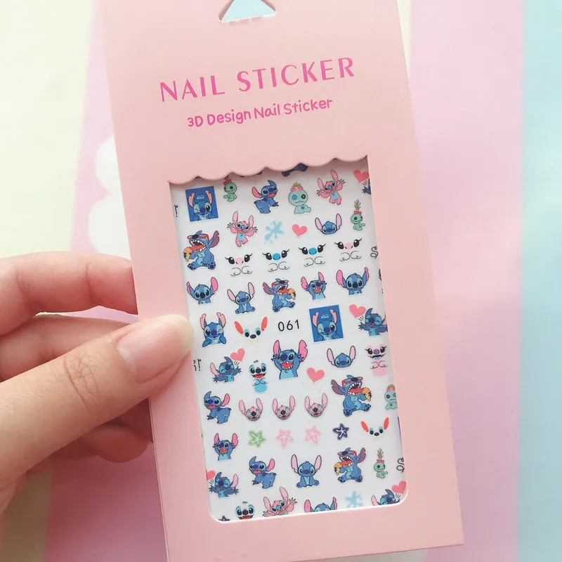 Color: Black Gray - 1PCS Hello Kitty 3D Nail Stickers Press on Nails Mickey Mouse Donald Duck Stitch Cartoon Stickers Nail Art Decoration