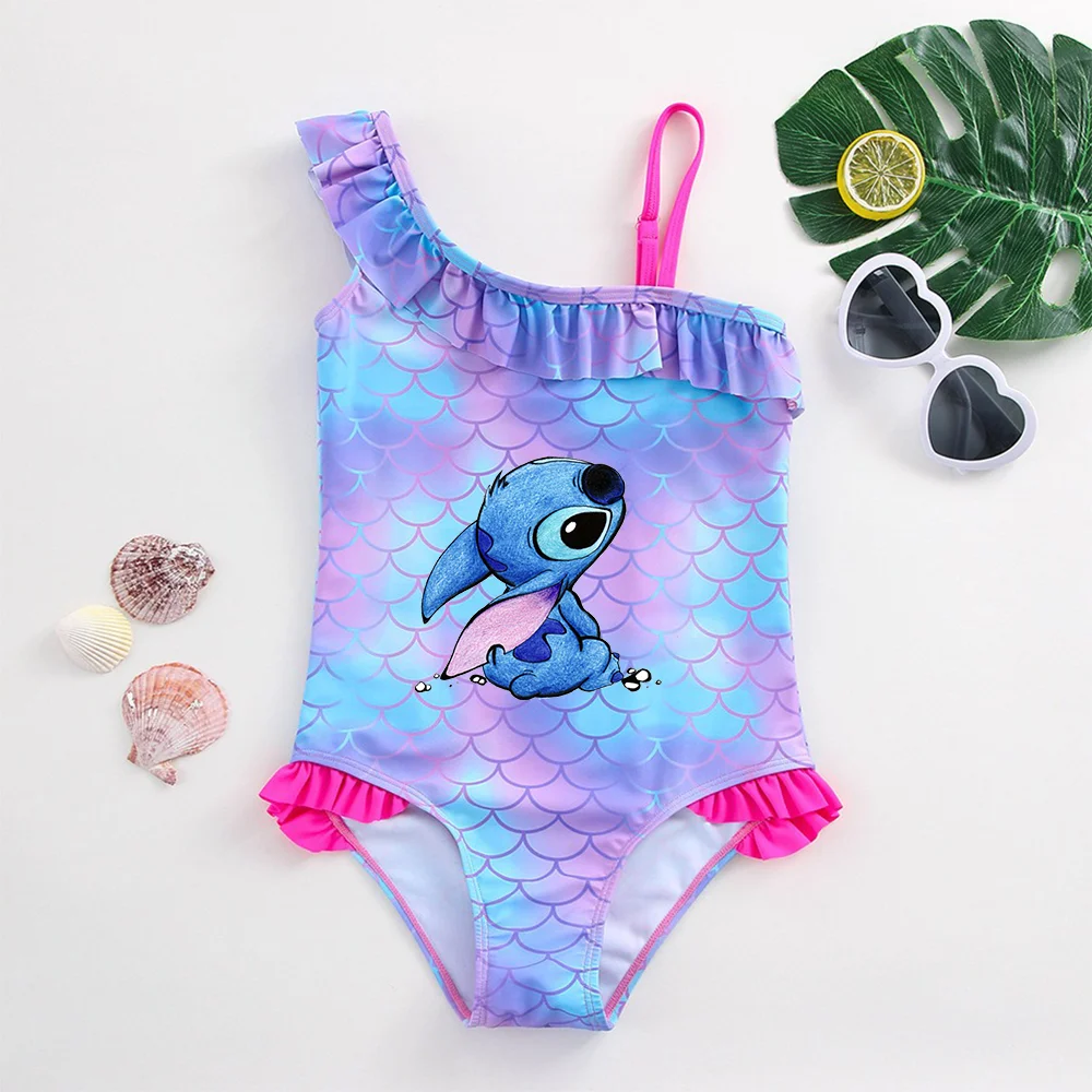 Color: Pink, Size: XS - Stitch Girls Swimsuit Fashion Mermaid Fish Scale One-Piece Bathing Suits Children's Dresses Summer Swimwear Beach Suit Kids Wear