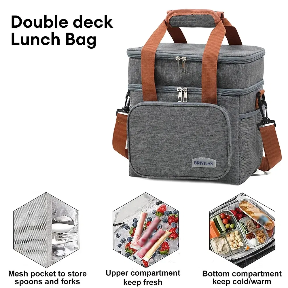 Color: SKY BLUE - Portable Double Layer Lunch Bags Food Box Durable Camping Oxford Backpacks Icebox Large Capacity Picnic Durable BBQ Outdoor BBQ