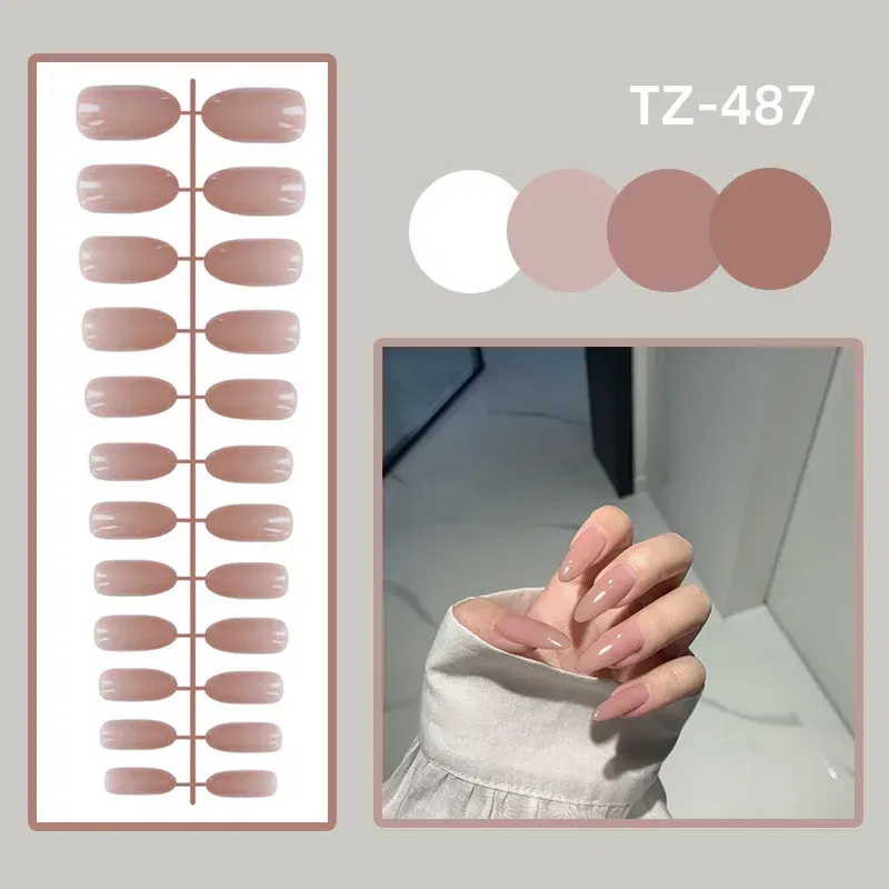 Color: Burgundy - 24Pcs/Set Long Round Head Bright Solid Color Press On Acrylic Nail Art Fake Nails Finished Wearing Manicure Reusable False Nails