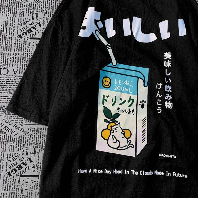 Color: SKY BLUE, Size: XXL - Cute Japanese Cat Print Oversized T-shirt men Women Short Sleeve Loose Casual Tee Shirt Streetwear Tops Cotton Harajuku Clothing