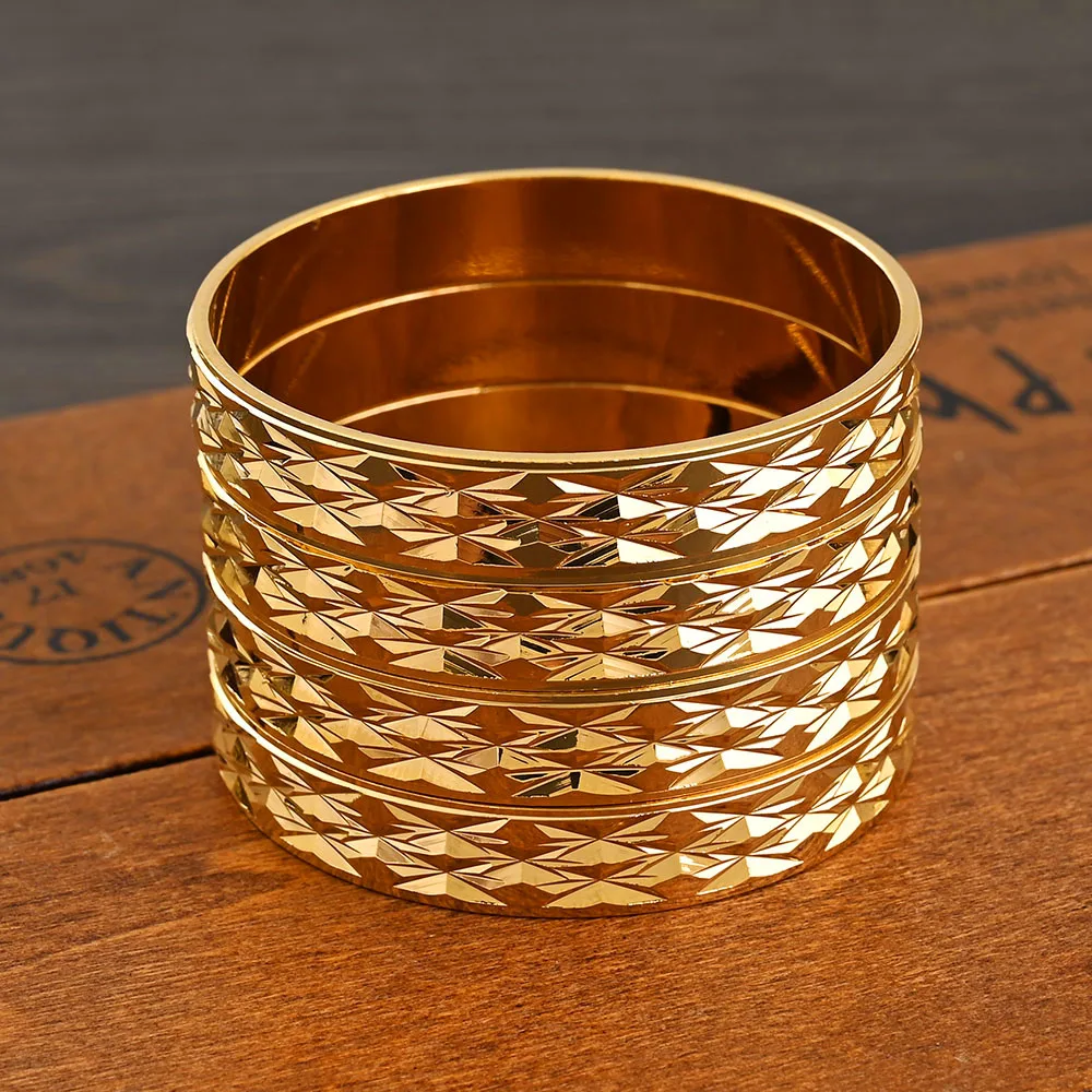 Metal Color: Light Yellow Gold Color - 4Pcs 18k 8mm Width 45MM 55MM 65MM 70MM Dubai Baby Cute Bangles For Girl Jewelry Gold Color Bangles Girls Birthday Jewelry Gifts