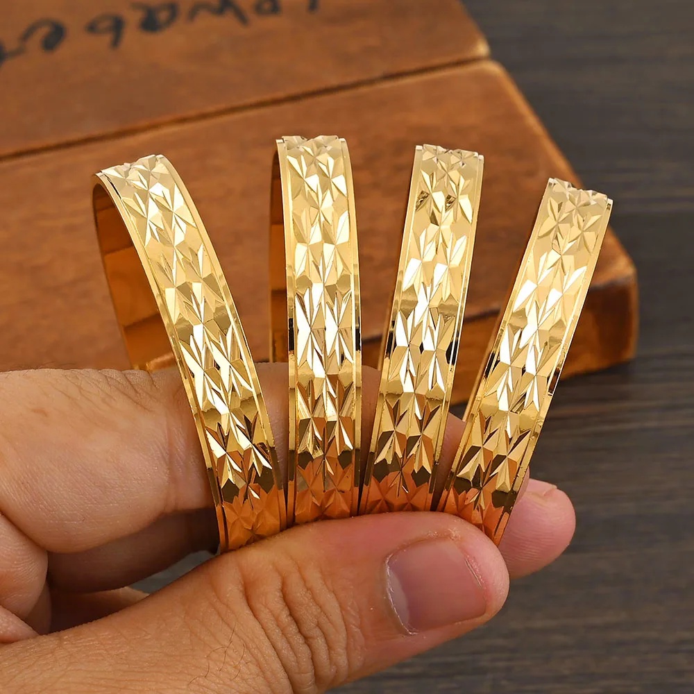 Metal Color: Light Yellow Gold Color - 4Pcs 18k 8mm Width 45MM 55MM 65MM 70MM Dubai Baby Cute Bangles For Girl Jewelry Gold Color Bangles Girls Birthday Jewelry Gifts