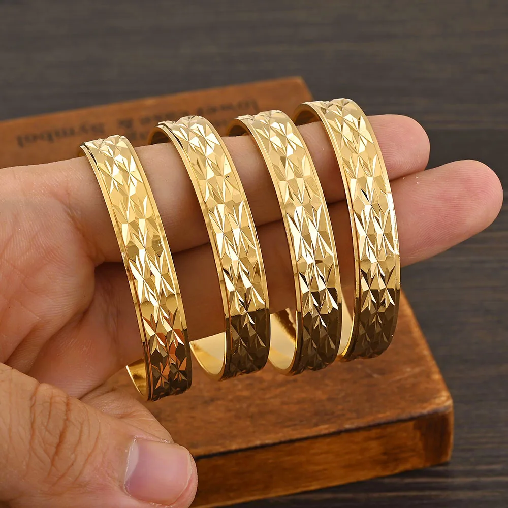 Metal Color: Light Yellow Gold Color - 4Pcs 18k 8mm Width 45MM 55MM 65MM 70MM Dubai Baby Cute Bangles For Girl Jewelry Gold Color Bangles Girls Birthday Jewelry Gifts