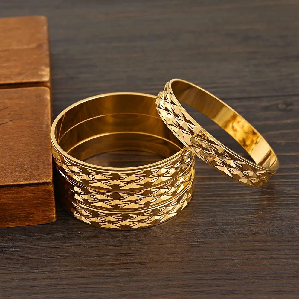 Metal Color: Light Yellow Gold Color - 4Pcs 18k 8mm Width 45MM 55MM 65MM 70MM Dubai Baby Cute Bangles For Girl Jewelry Gold Color Bangles Girls Birthday Jewelry Gifts