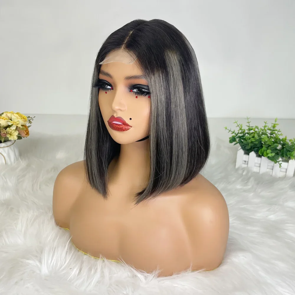 Hair Color: #16, Stretched Length: 10inches, Density: 100% - 250% Density Grey 2x6 Lace Closure Wigs Straight Bob Glueless Wig Gray Vietnamese Human Hair Super Double Drawn Wigs Pre Plucked
