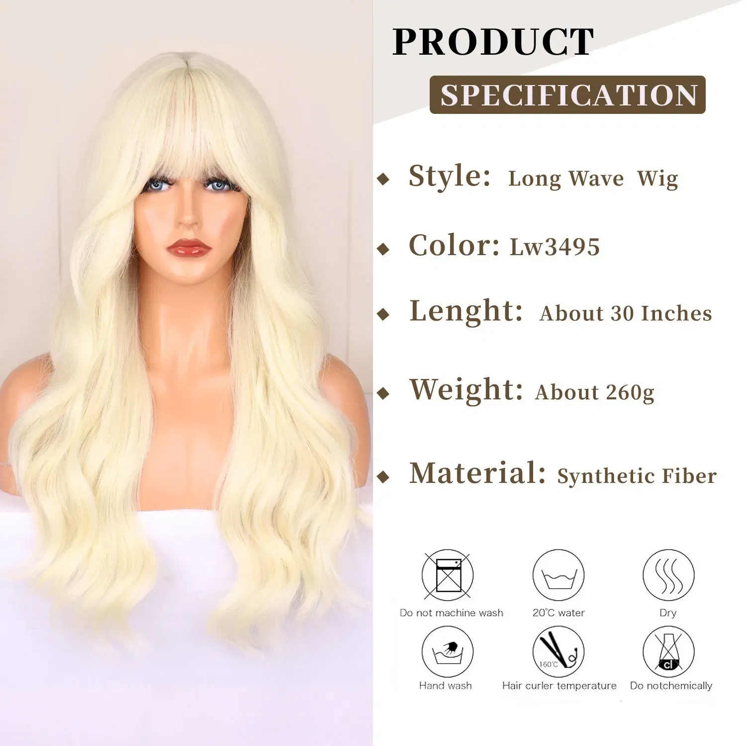 Color: #530 - Blonde synthetic wig with straight bangs Ladies Cosplay wig High temperature silk wig set with big waves and long curly hair