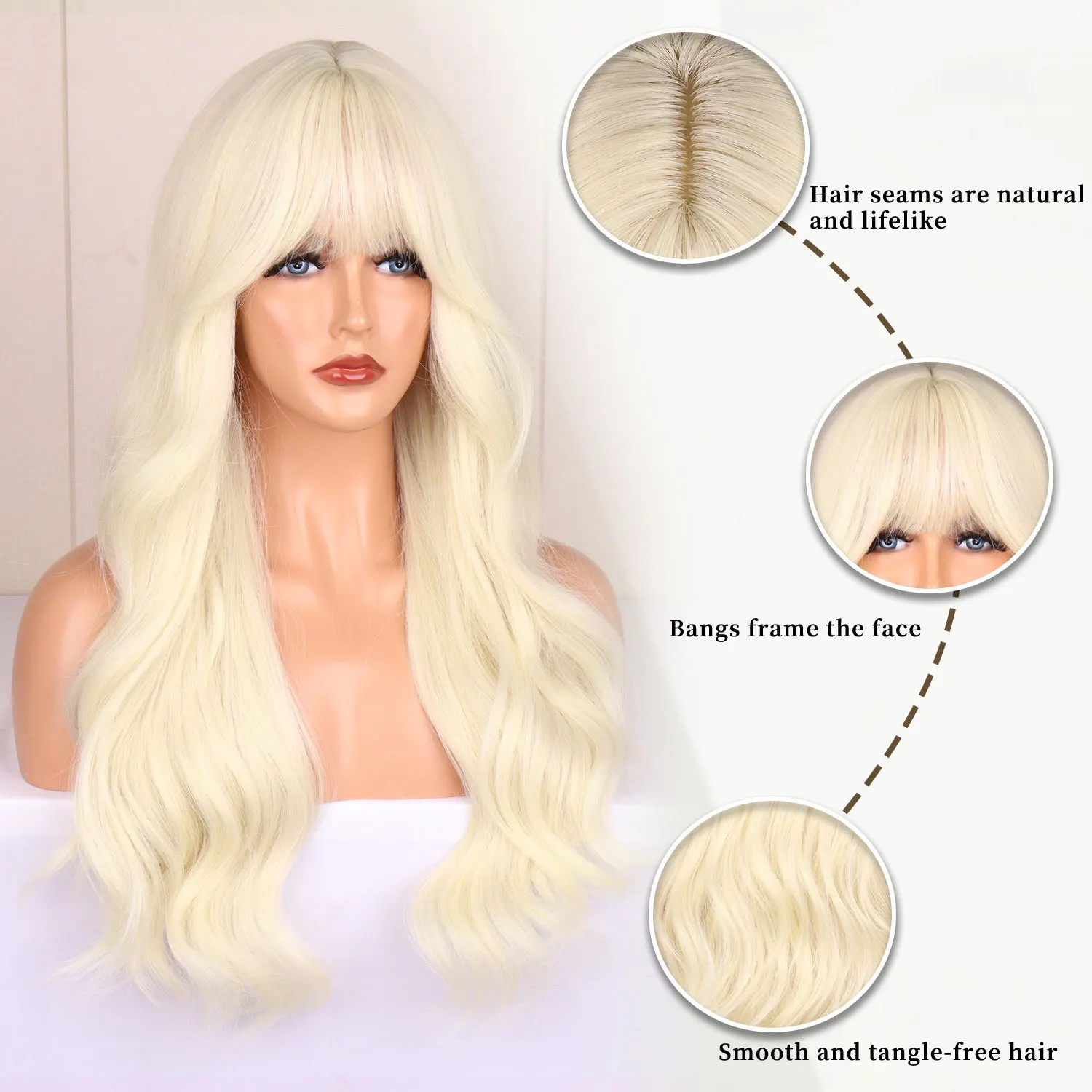 Color: #530 - Blonde synthetic wig with straight bangs Ladies Cosplay wig High temperature silk wig set with big waves and long curly hair