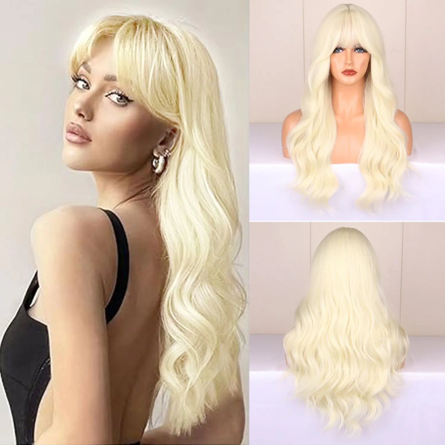 Color: #530 - Blonde synthetic wig with straight bangs Ladies Cosplay wig High temperature silk wig set with big waves and long curly hair