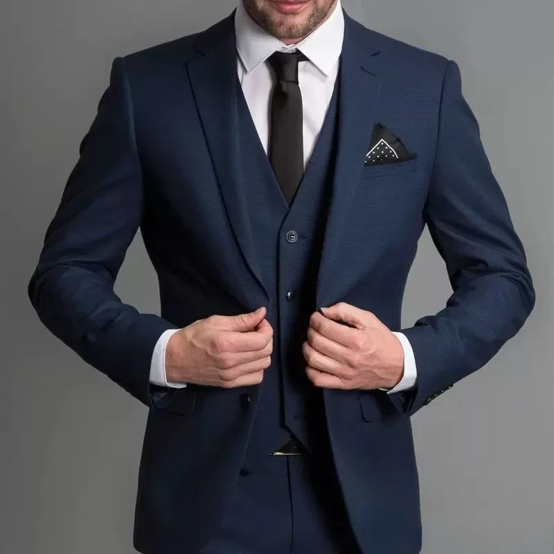 Color: Navy Blue, Size: XXXL - 3 Piece Navy Blue Male Suits Slim fit Notched Lapel  Wedding Tuxedos Sets Tailor Made Business Mens Costume (Blazer+Pants+Vest)