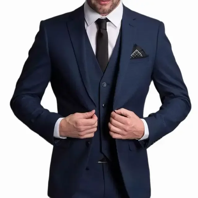 Color: Navy Blue, Size: XXXL - 3 Piece Navy Blue Male Suits Slim fit Notched Lapel  Wedding Tuxedos Sets Tailor Made Business Mens Costume (Blazer+Pants+Vest)