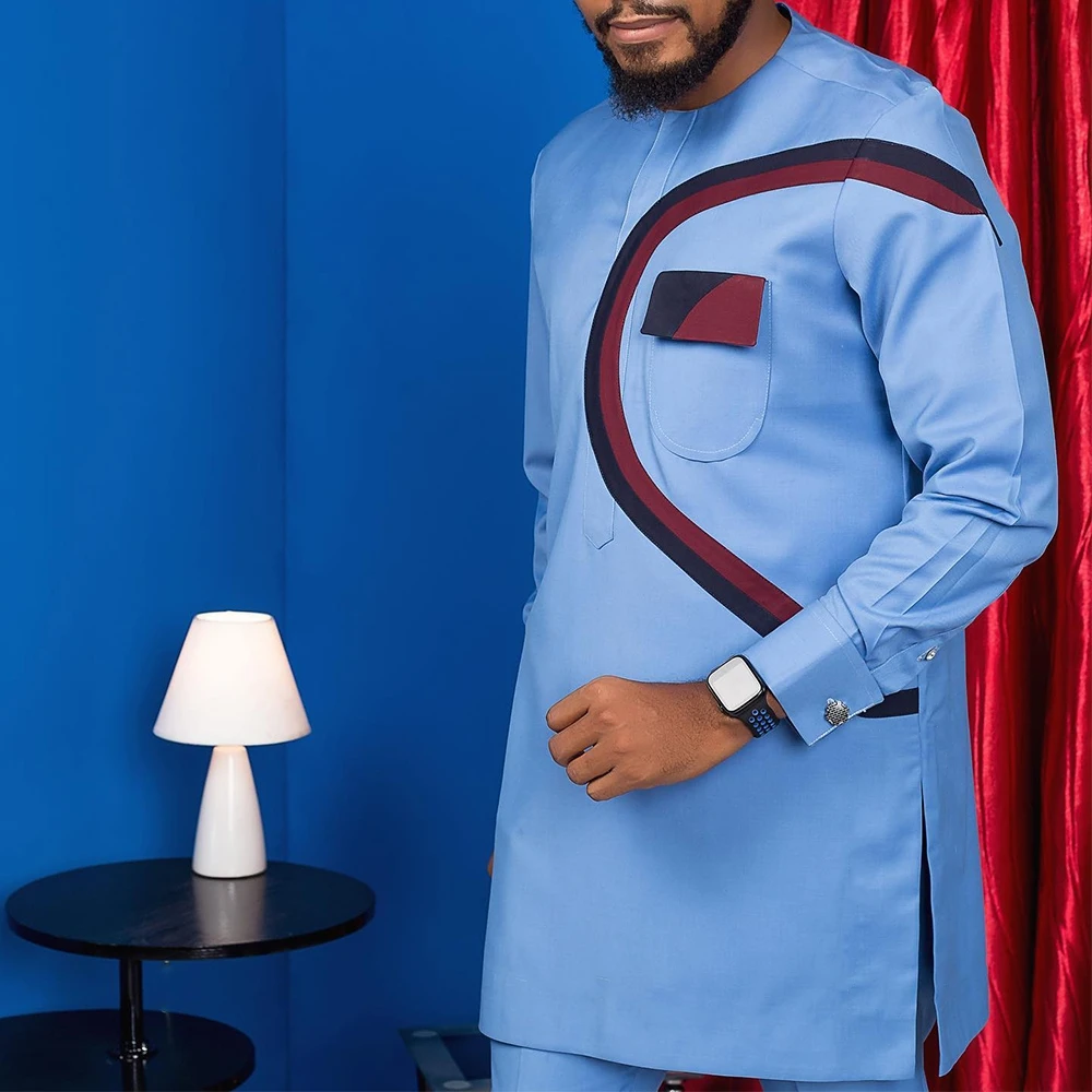 Color: Clear, Size: M - New Men's Tenos Wedding 2-Piece Suit Waist Pants Shirt Solid Color Panel Long Sleeve Party African Ethnic Style Clothing (M-4XL)