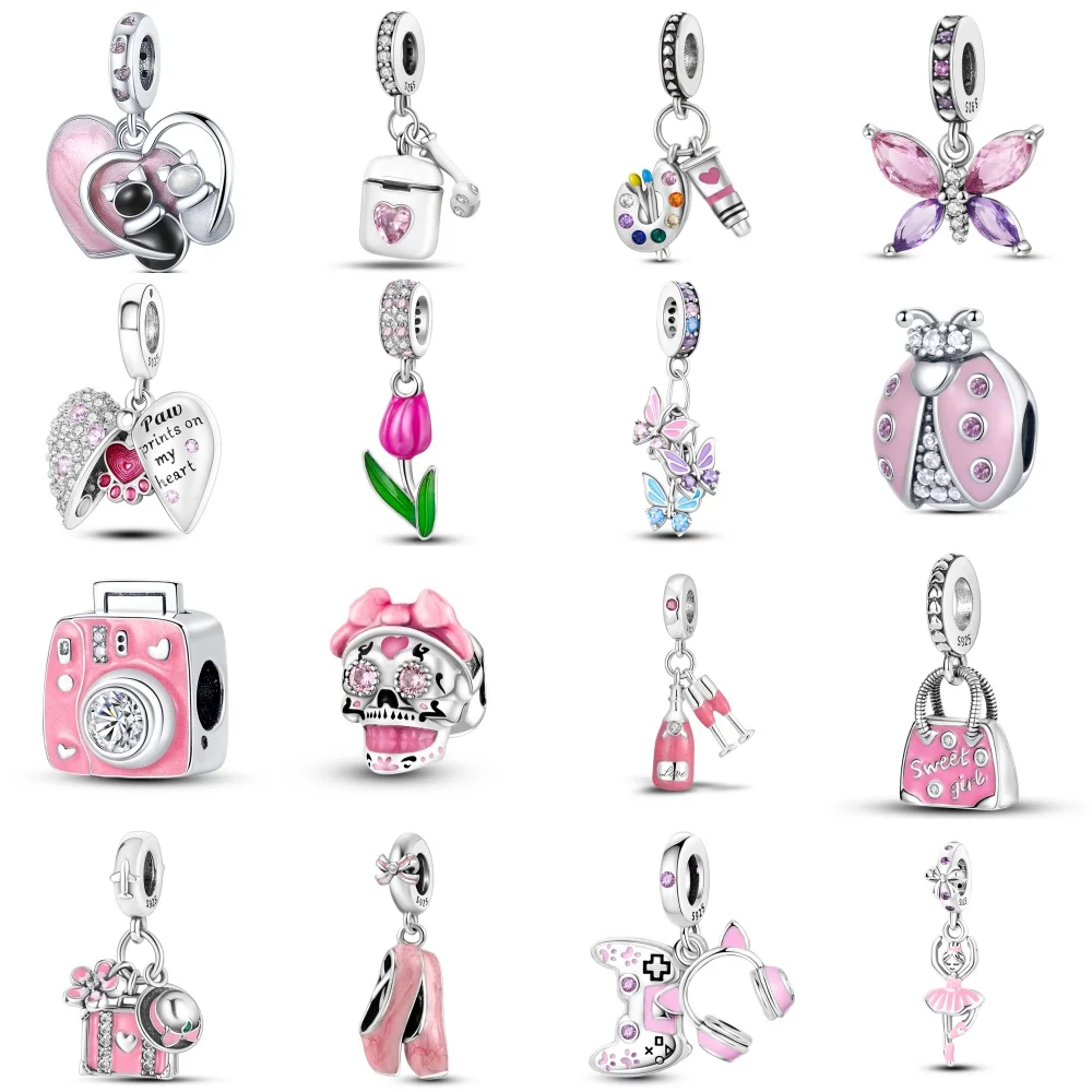 Color: Clear - 925 Sterling Silver Pink Series Charms Love-Heart Cute Animals Beads Fit Pandora Original Bracelets Girl Jewelry Gifts Accessory