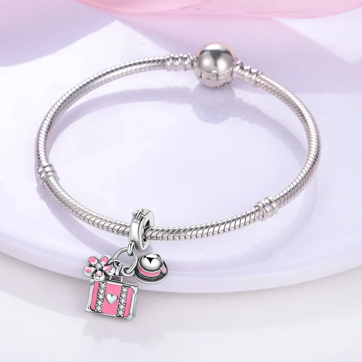 Color: Clear - 925 Sterling Silver Pink Series Charms Love-Heart Cute Animals Beads Fit Pandora Original Bracelets Girl Jewelry Gifts Accessory