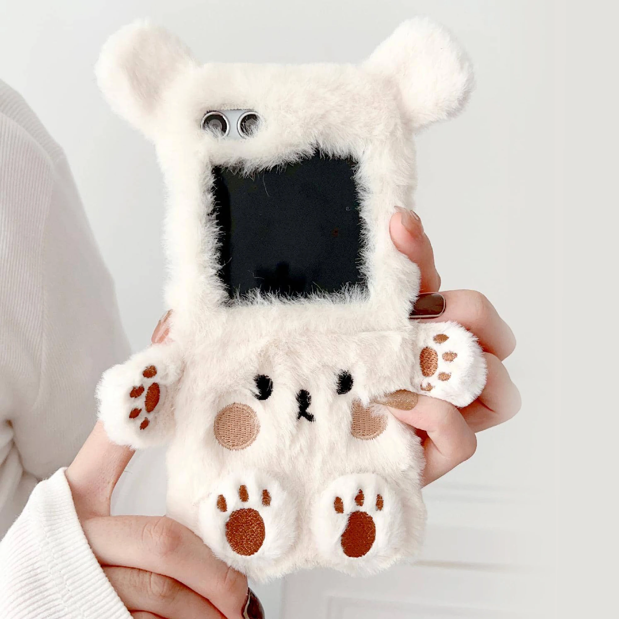 Color: WHITE, Size: Samsung Galaxy Z Flip 5 - Cartoon three-dimensional bear plush folding phone case for Samsung Galaxy Z Flip 3 4 5 all-inclusive plush folding phone case