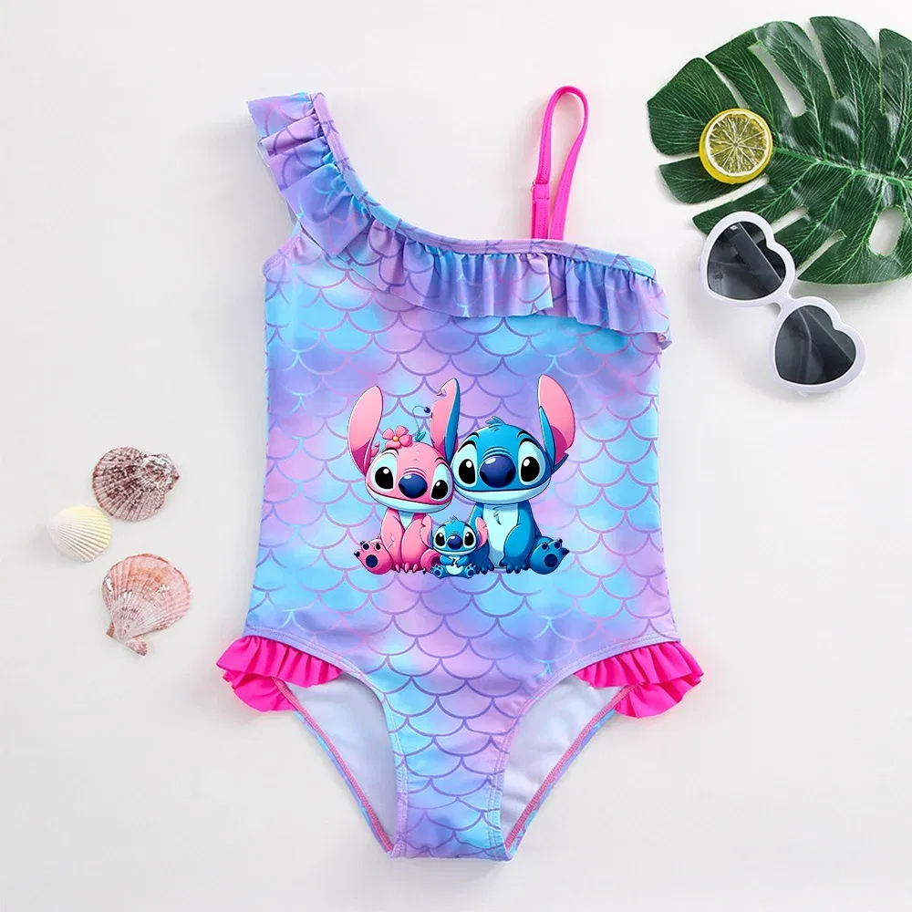 Color: Silver, Size: S - Stitch Girls Swimsuit Fashion Mermaid Fish Scale One-Piece Bathing Suits Children's Dresses Summer Swimwear Beach Suit Kids Wear