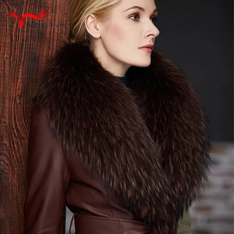 Color: green, Size: XL - Real Raccoon Fur Scarves Woman 100% Pure Natural Raccoon Fur Collar Warm Winter Scarves Red Fox Fur Collar L#1