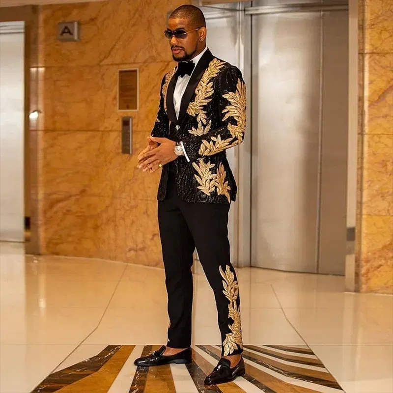 Color: Beige, Size: L - Men's Gold Sequin Applique Fashion Trend Suit Set High-Quality Casual Jacket And Western Pants Two-Piece Ensemble