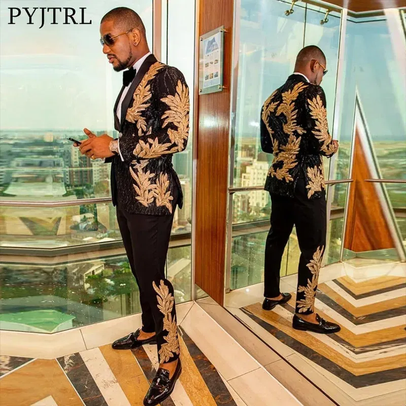 Color: Beige, Size: L - Men's Gold Sequin Applique Fashion Trend Suit Set High-Quality Casual Jacket And Western Pants Two-Piece Ensemble