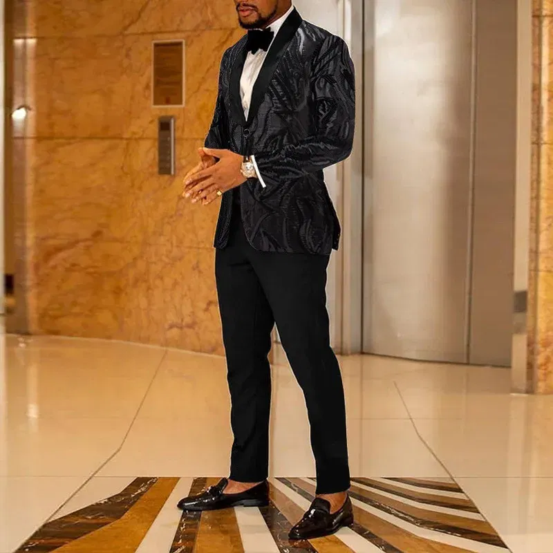 Color: Beige, Size: L - Men's Gold Sequin Applique Fashion Trend Suit Set High-Quality Casual Jacket And Western Pants Two-Piece Ensemble