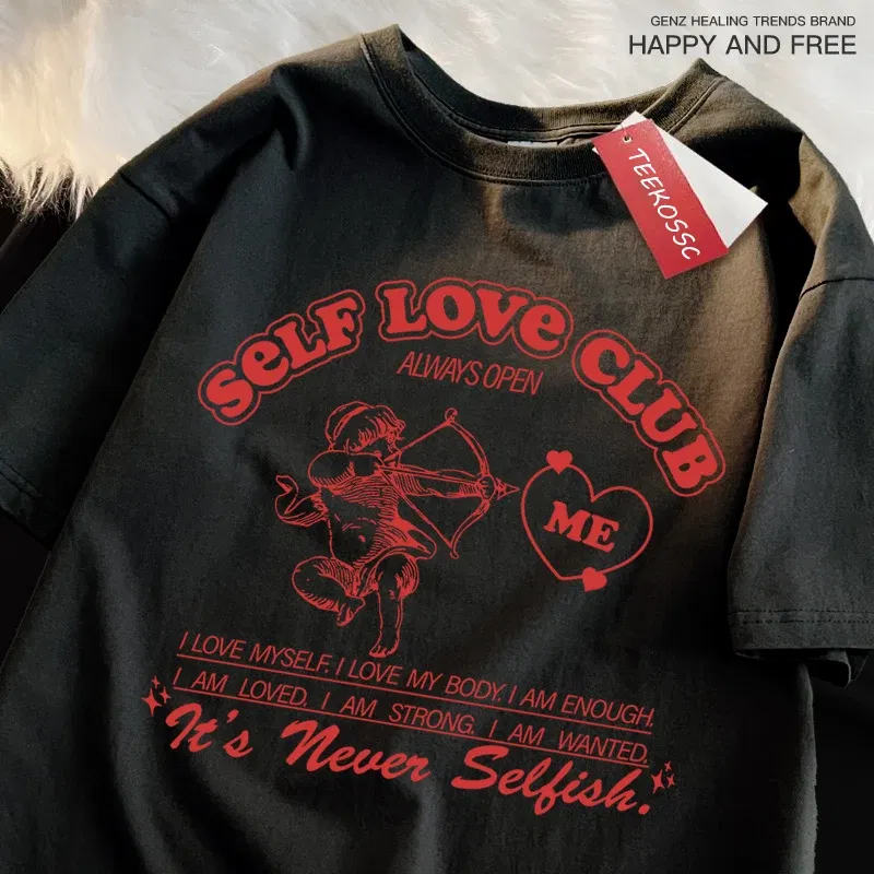 Color: Dark Grey, Size: S - Self Love Club Fun Cupid Men Women T Shirts Breathable Street Tee Clothes Cotton Summer Fashion Loose Casual Oversized T Shirt