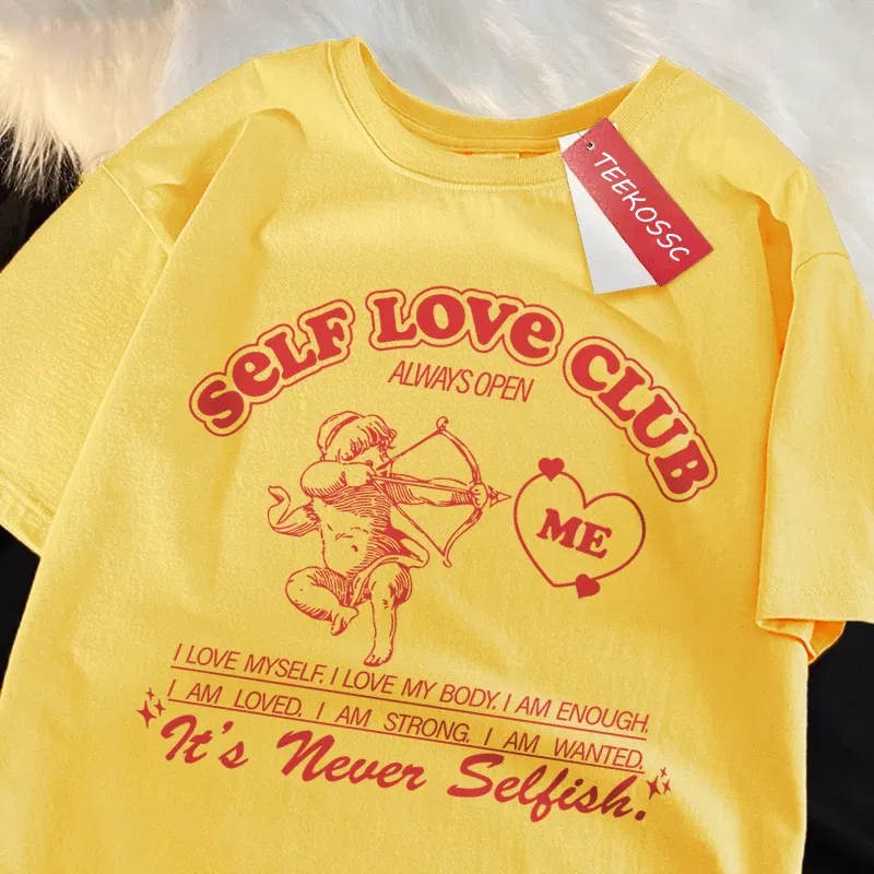 Color: Dark Grey, Size: M - Self Love Club Fun Cupid Men Women T Shirts Breathable Street Tee Clothes Cotton Summer Fashion Loose Casual Oversized T Shirt