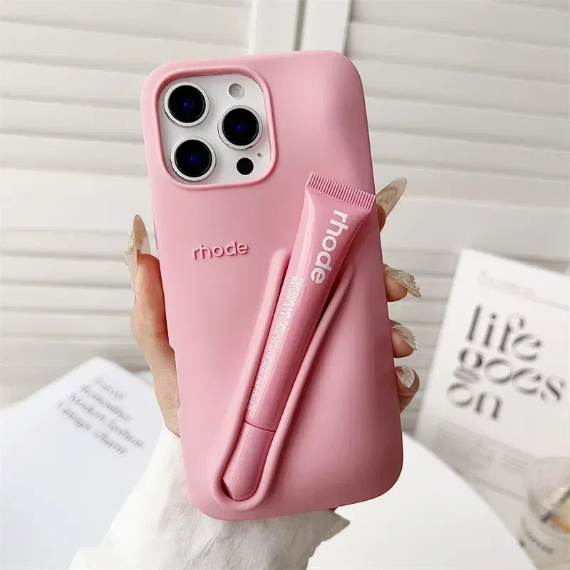 Color: Blue, Bundle: Bundle1, Material: Nylon - Phone Case For iPhone 12 13 14 15 16 Pro Max Plus 17 Air Portable Lip Gloss Holder Lipstick Silicone Soft Bumper Cover Lip Glaze