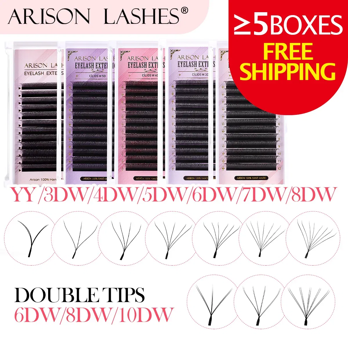 Color: BLACK & RED, Curl: D, Thickness: 0.07mm, Length: MIX - ARISON YY Lashes and 3D/4D/5D W Shape Lashes Brasileiro Premade Volume Eyelashes Extension Soft Thin Easily Grafting Extension