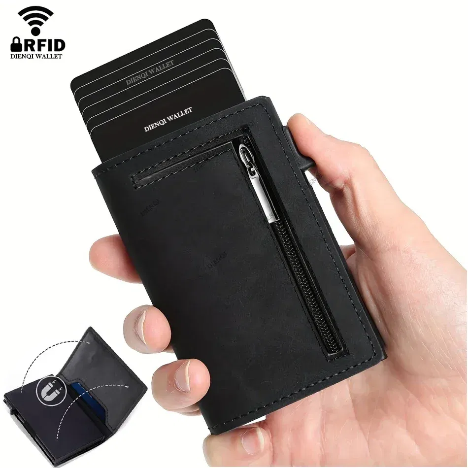 Color: black - RFID Blocker Minimalistic Men Wallet Business Credit Card Holder Carbon Fiber Leather Wallets Small Male Purse Cardholder Case