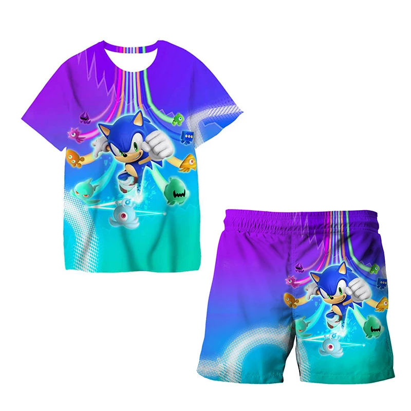 Color: GRAY, Size: 40cm - New Japanese cartoon Sonic T-shirt children's top T-shirt shorts two-piece set summer boy cartoon cute T-shirt+beach pants