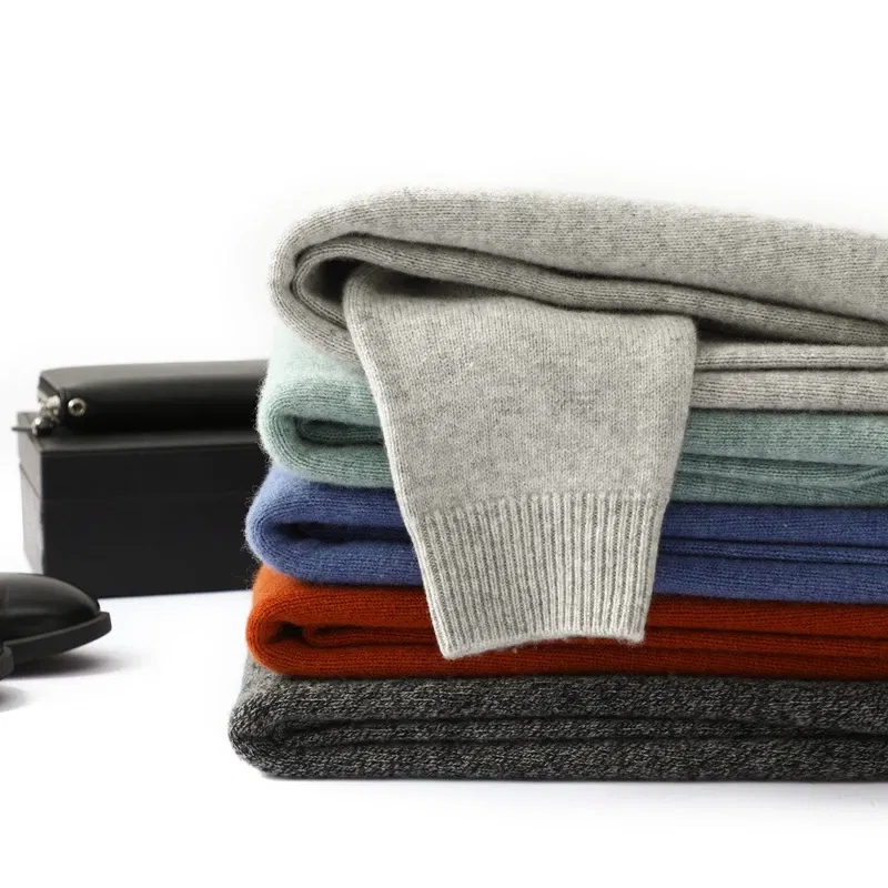 Color: SKY BLUE, Size: S, Ships From: CHINA - Men's 100% Pure Wool Cashmere Sweater O-Neck Pullover Knit Sweater Autumn and Winter New Long Sleeve High-End Jumpers Thick Tops