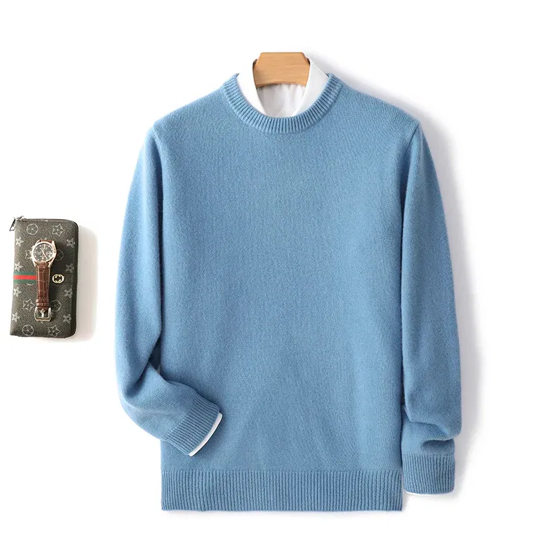 Color: SKY BLUE, Size: S, Ships From: CHINA - Men's 100% Pure Wool Cashmere Sweater O-Neck Pullover Knit Sweater Autumn and Winter New Long Sleeve High-End Jumpers Thick Tops