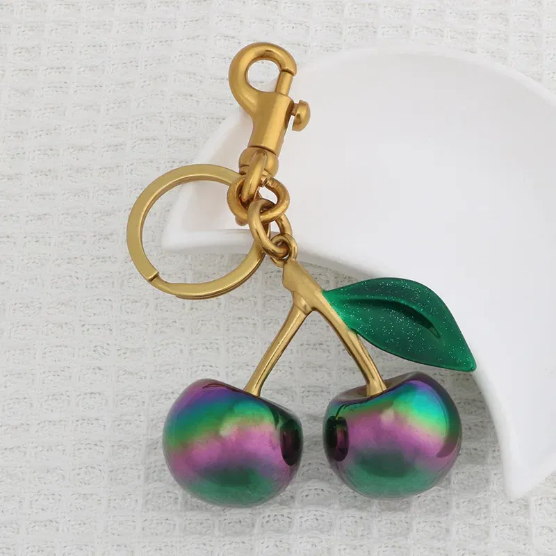 Color: Gold - Fashion Gradient Color Cherry Pendant Summer Fruits Cherries Pendant Keyring For Coach Handbag Shoulder Bags Accessories Gift