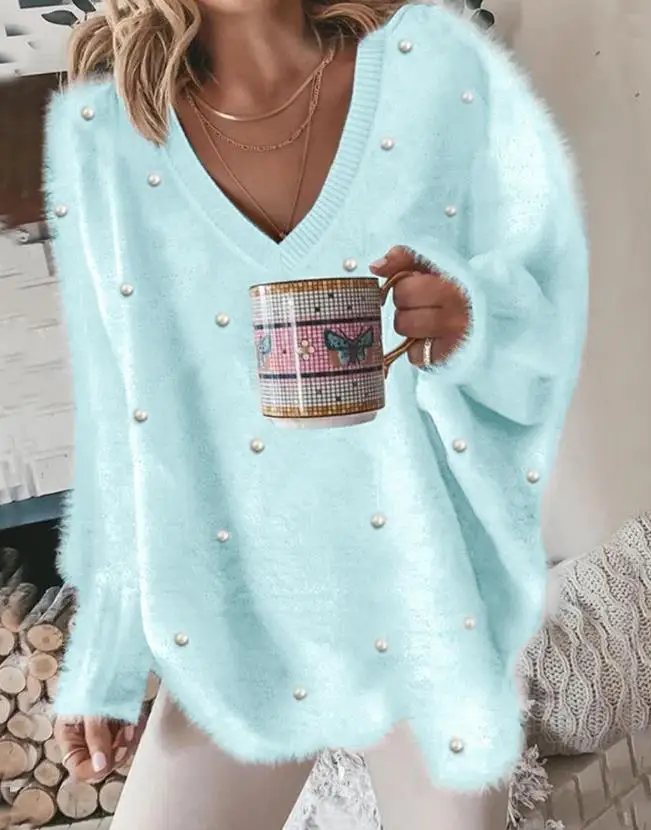 Color: army green, Size: S - Korean Style Lazy Women's Sweater 2024 Autumn Ribbed Knitted Pullover V-Neck Pearl Long Sleeved Fluffy Top Women's Loose Sweater