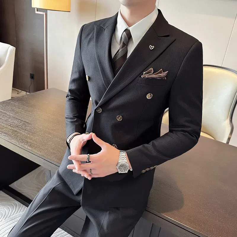 Color: Beige, Size: L - 2025 Men's Double Breasted 3/2 Piece Business Casual Wedding Dress Suit with  Trousers Regular Fit Bridegroom High Sense