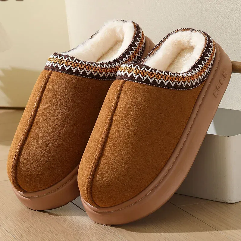 Color: GRAY, Shoe Size: 44-45 - Comfort Thick Bottom Cotton Slippers Women 2025 Winter Warm Thick Plush Non Slip Furry Clogs Shoes Embroidery Suede Snow Boots